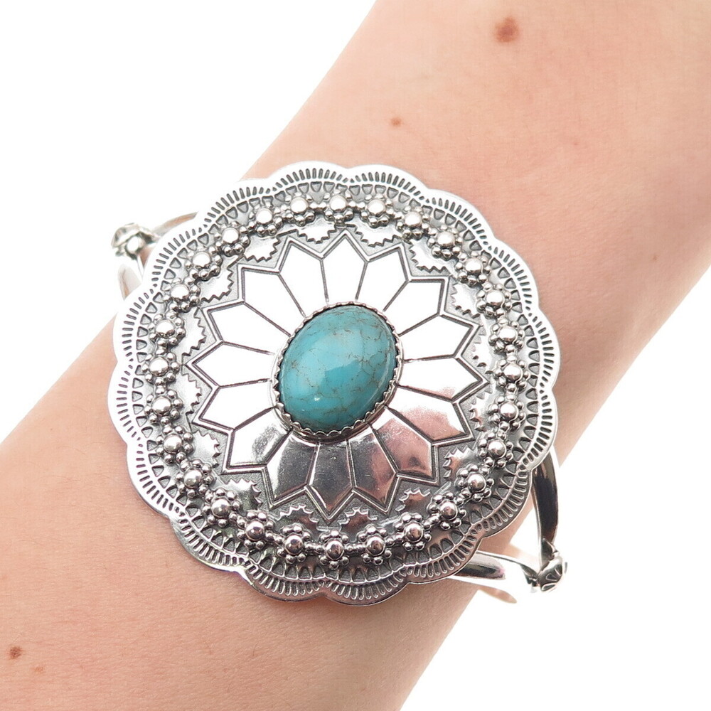 Shube Old Pawn 925 Sterling Vintage Turquoise Concho Adjustable Bracelet 6.25"